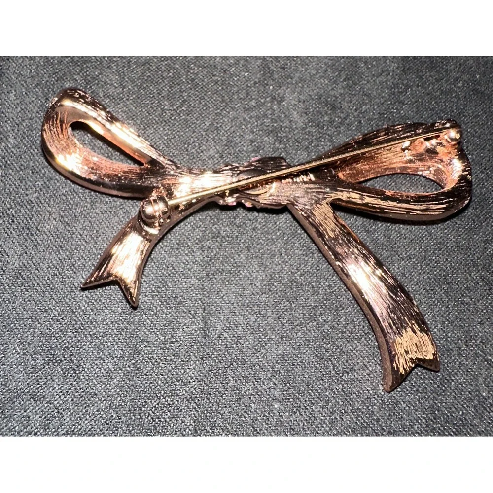 Vintage KJL Kenneth Jay Lane Bow Brooch Pin OS Pink Rhinestone Crystal Rose Gold